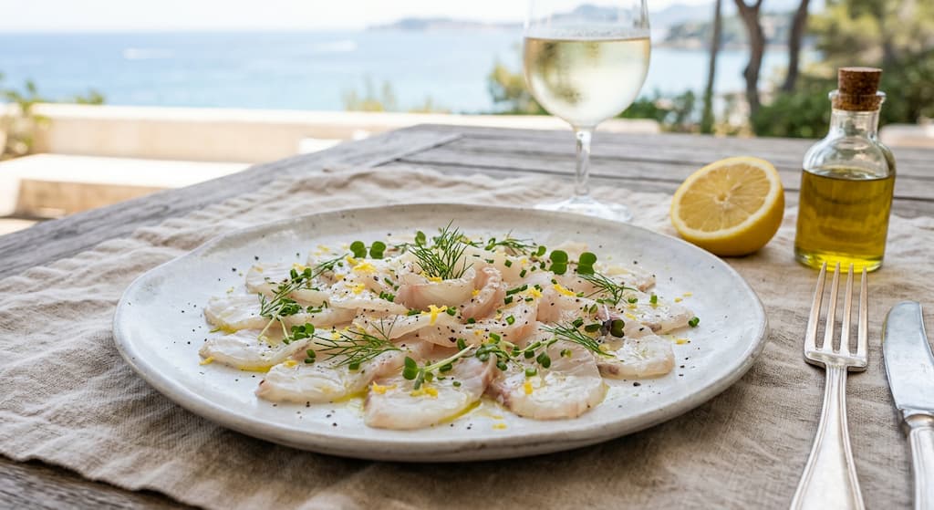 carpaccio de bar citron huile olive entrée été vin blanc