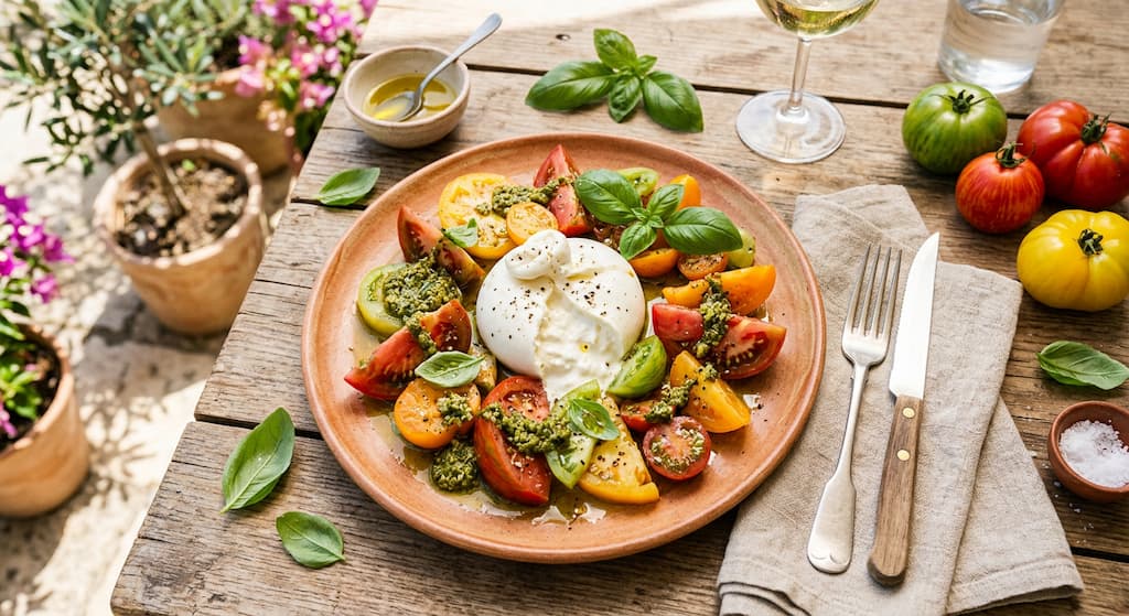 burrata tomates anciennes pesto pistache plat été méditerranéen