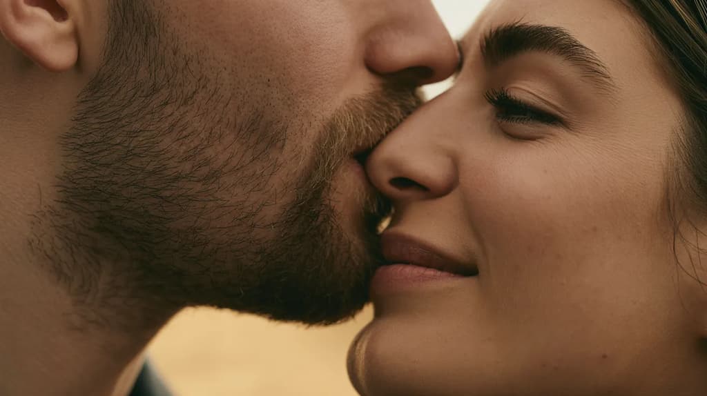 Couple gros plan homme barbu embrassant une femme sensation barbe sur la peau