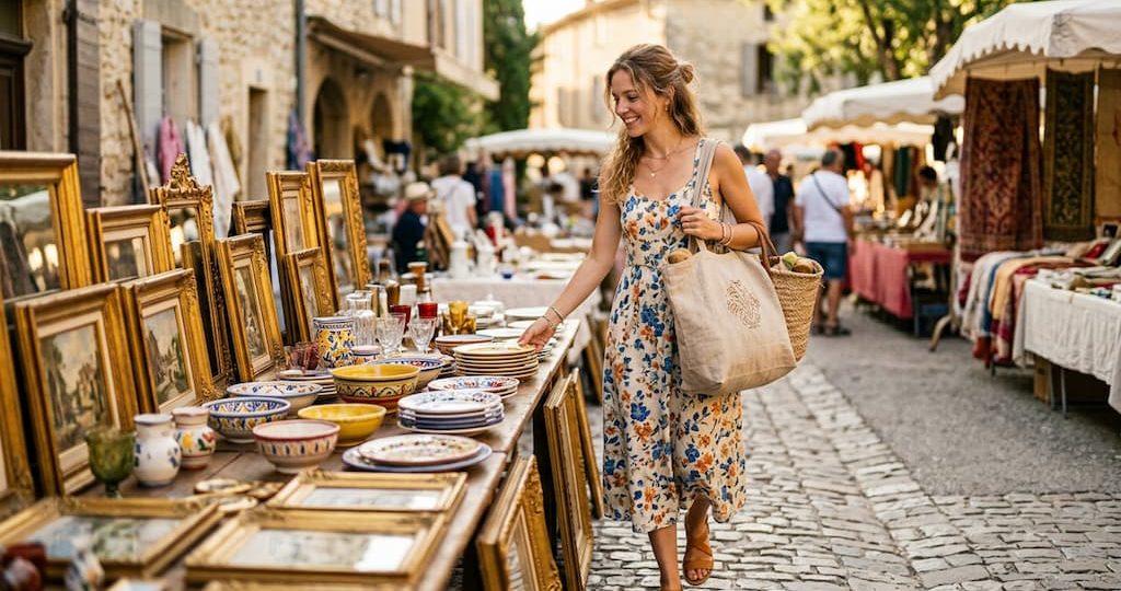 Femme chinant dans un vide-grenier ensoleillé avec un tote bag rempli de trouvailles