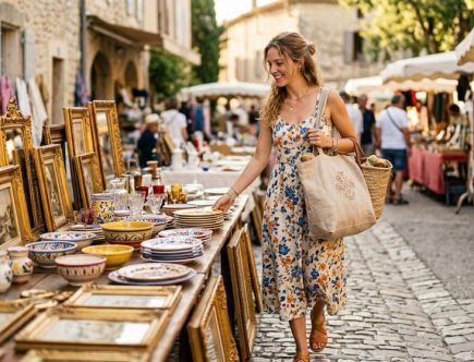 Femme chinant dans un vide-grenier ensoleillé avec un tote bag rempli de trouvailles
