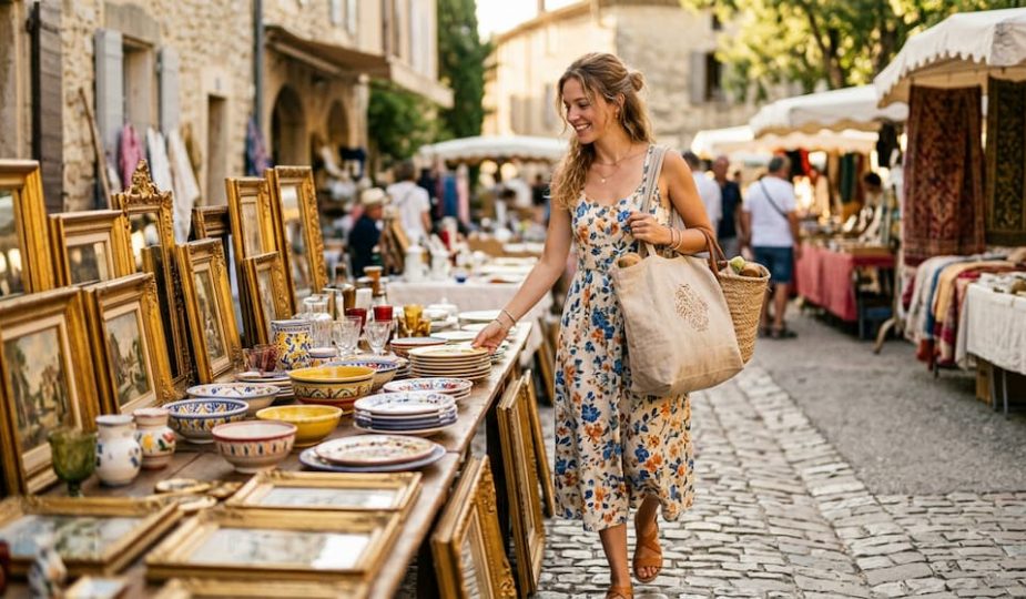 Femme chinant dans un vide-grenier ensoleillé avec un tote bag rempli de trouvailles