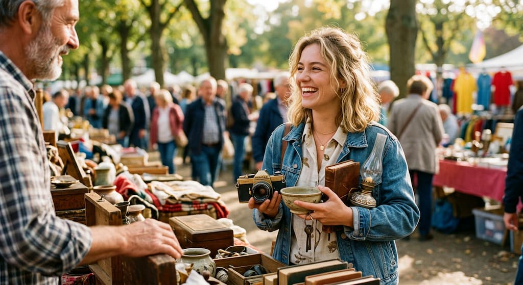 Femme souriante qui négocie le prix d'objets vintage dans un stand de vide-grenier