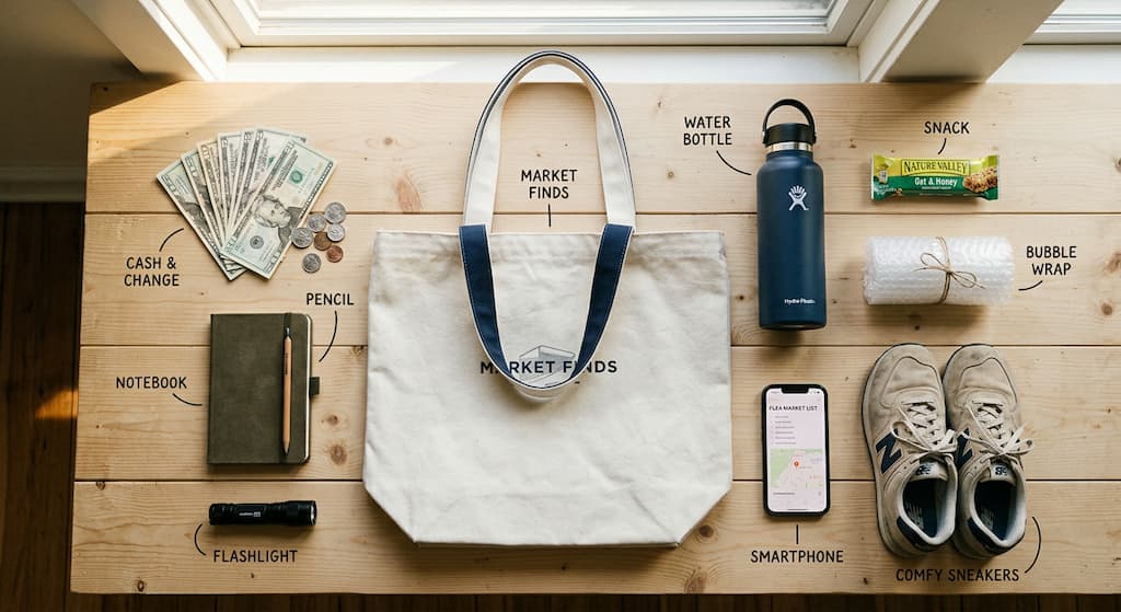 Kit de la chineuse parfaite pour le vide-grenier tote bag monnaie téléphone et papier bulle