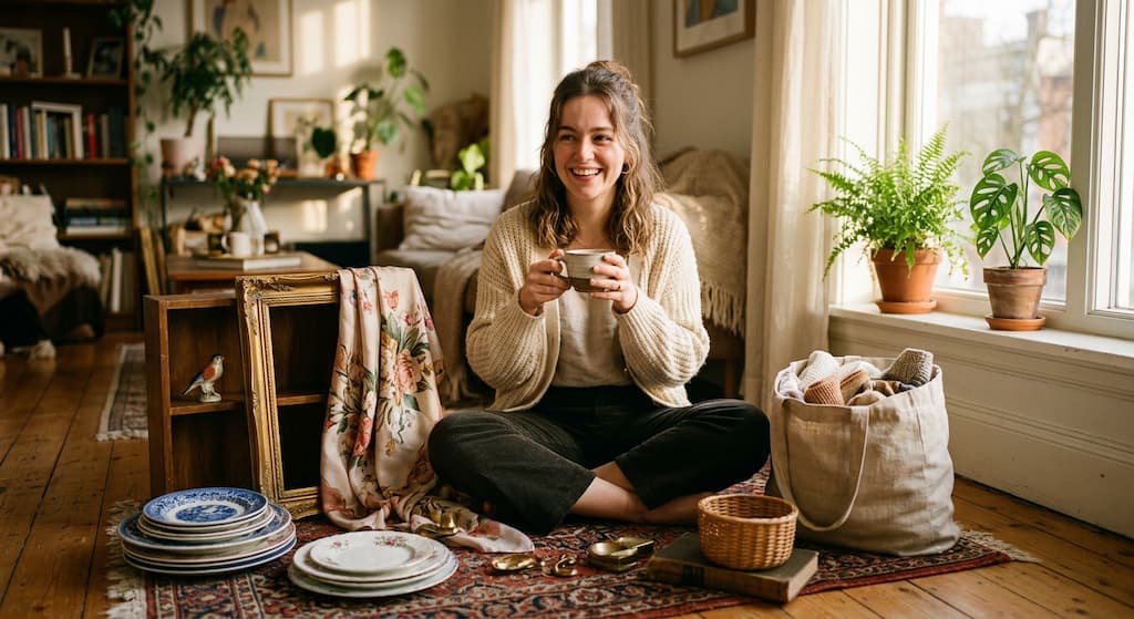 Femme heureuse entourée de ses trouvailles de vide-grenier avec une tasse de thé ambiance cosy