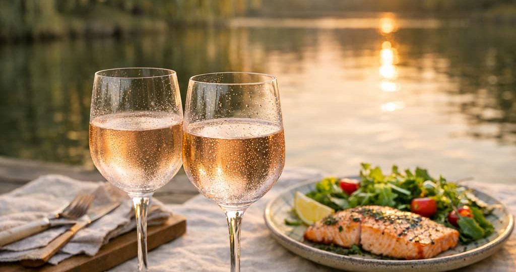 Table dressée pour un tête-à-tête au bord d'un lac, verres de vin Gris du Vendômois et plats d'été, ambiance vacances et gastronomie.