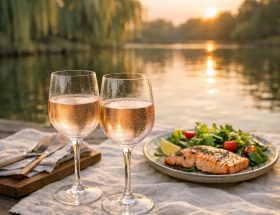 Table dressée pour un tête-à-tête au bord d'un lac, verres de vin Gris du Vendômois et plats d'été, ambiance vacances et gastronomie.