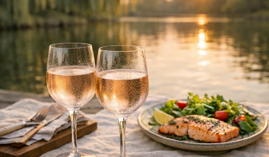 Table dressée pour un tête-à-tête au bord d'un lac, verres de vin Gris du Vendômois et plats d'été, ambiance vacances et gastronomie.