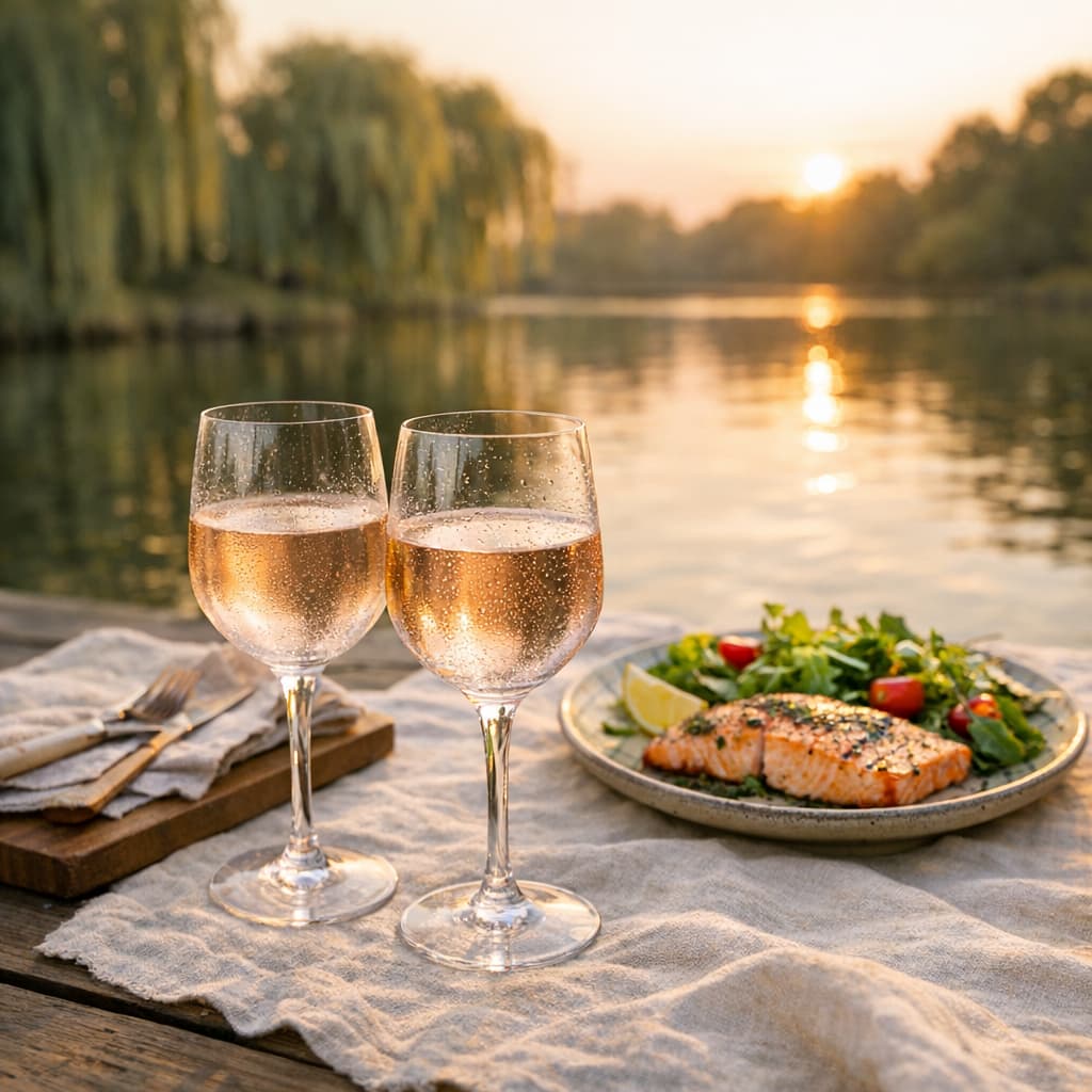 Table dressée pour un tête-à-tête au bord d'un lac, verres de vin Gris du Vendômois et plats d'été, ambiance vacances et gastronomie.