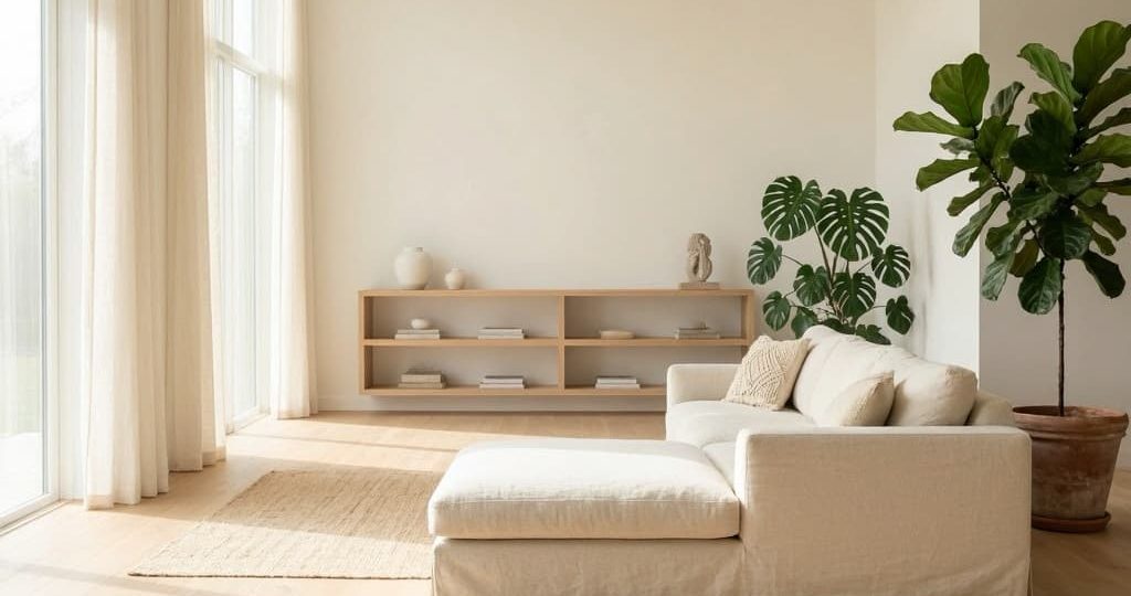 Salon minimaliste et lumineux avec décoration bohème chic, illustrant un intérieur serein et bien rangé.