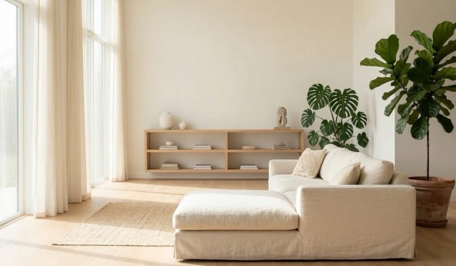 Salon minimaliste et lumineux avec décoration bohème chic, illustrant un intérieur serein et bien rangé.