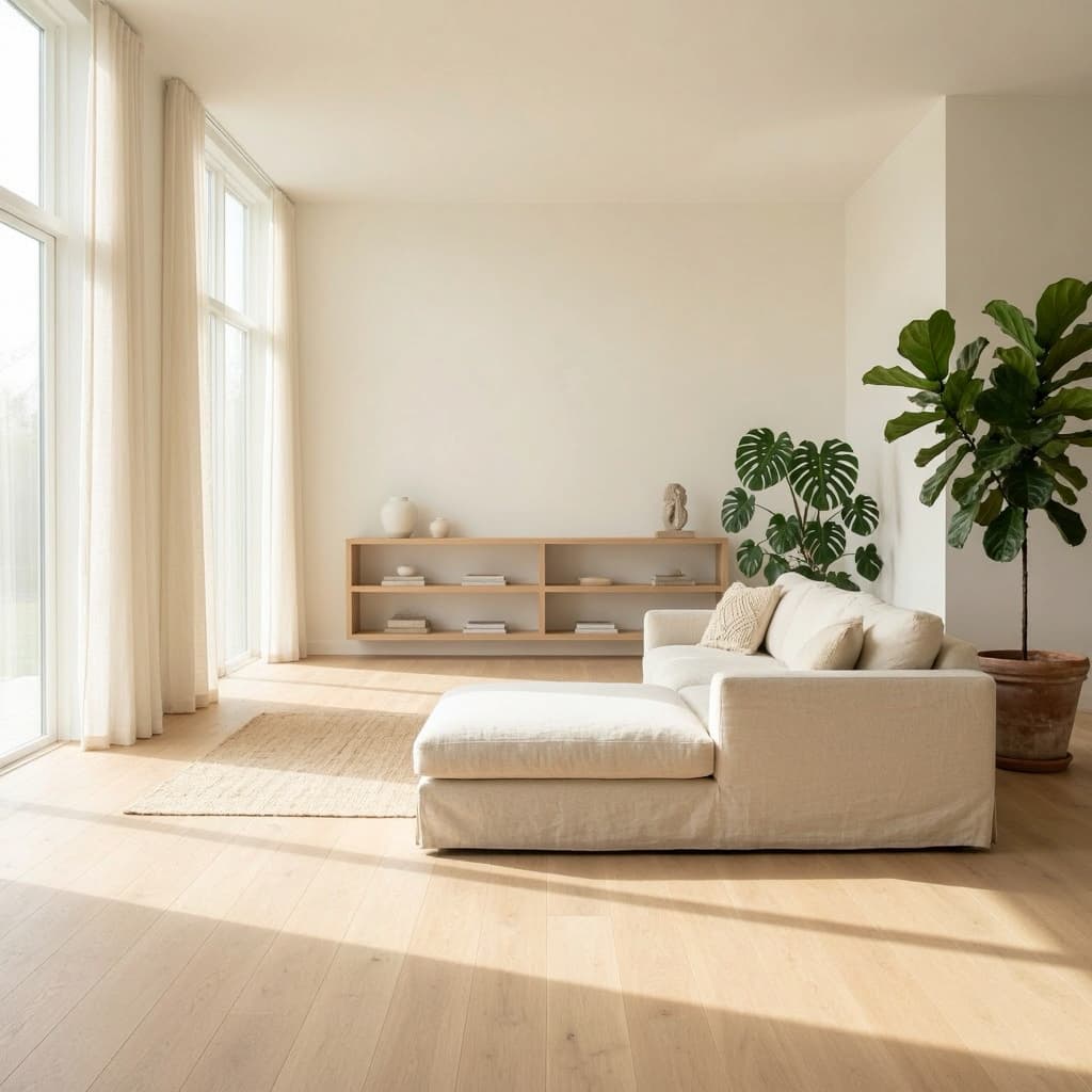 Salon minimaliste et lumineux avec décoration bohème chic, illustrant un intérieur serein et bien rangé.