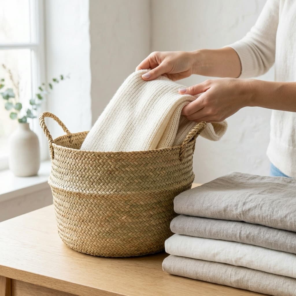 Mains triant des vêtements en lin dans des paniers en osier, concept de désencombrement et d'upcycling.