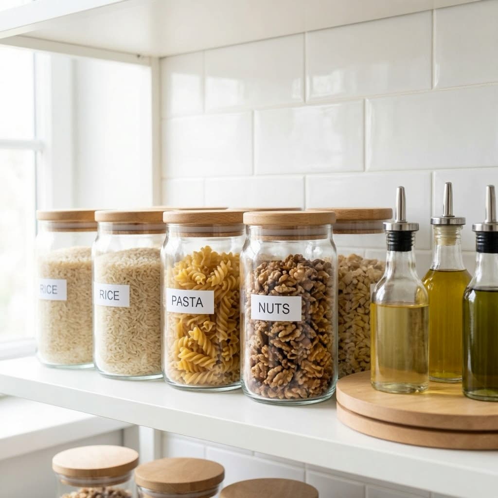 Bocaux en verre étiquetés et plateau tournant en bois dans une cuisine parfaitement organisée