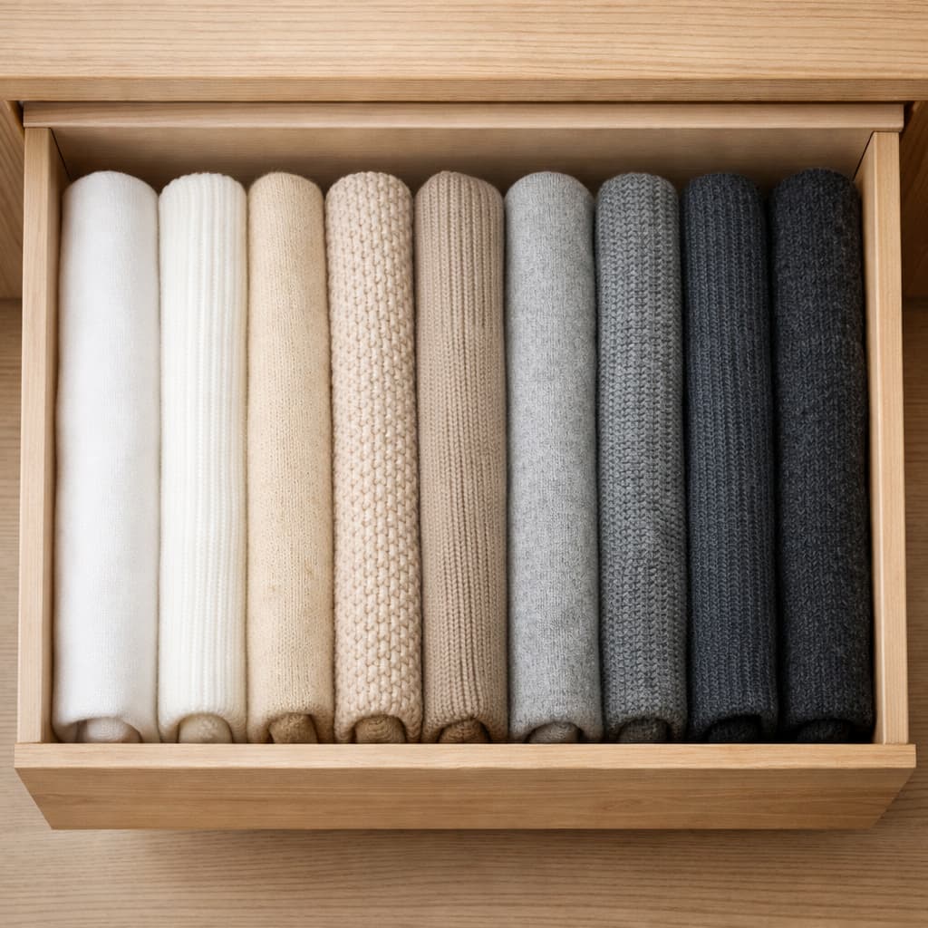 Tiroir de dressing avec vêtements pliés verticalement par couleur, méthode de rangement efficace