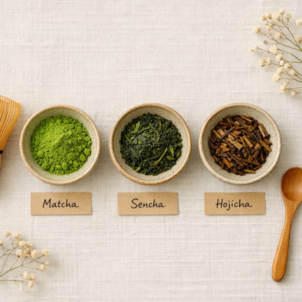 Comparaison visuelle entre matcha, sencha et hojicha dans trois bols en céramique japandi
