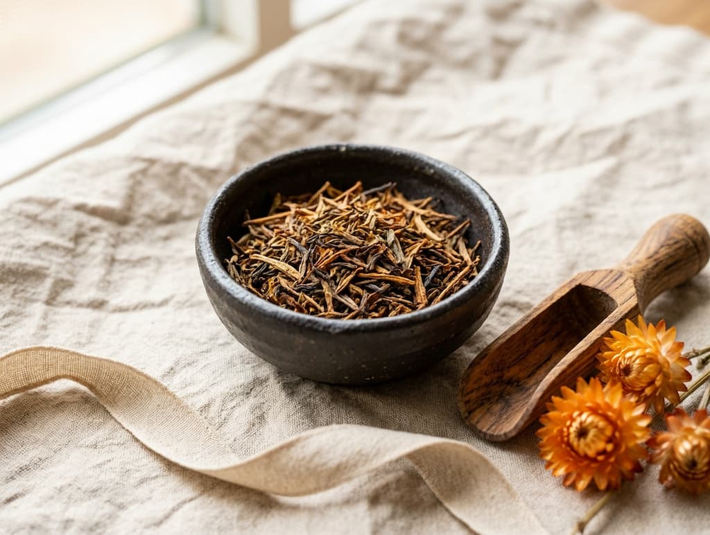 Feuilles de hojicha torréfiées brun doré dans un bol en céramique artisanale