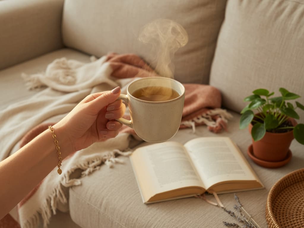 Moment cocooning avec une tasse de hojicha fumant, ambiance zen et boho pour un rituel bien-être.