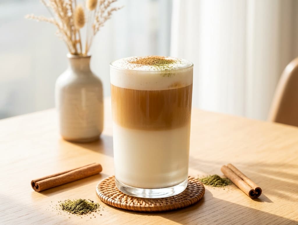Hojicha latte avec dégradé de lait crémeux et thé ambré, recette gourmande et Instagrammable