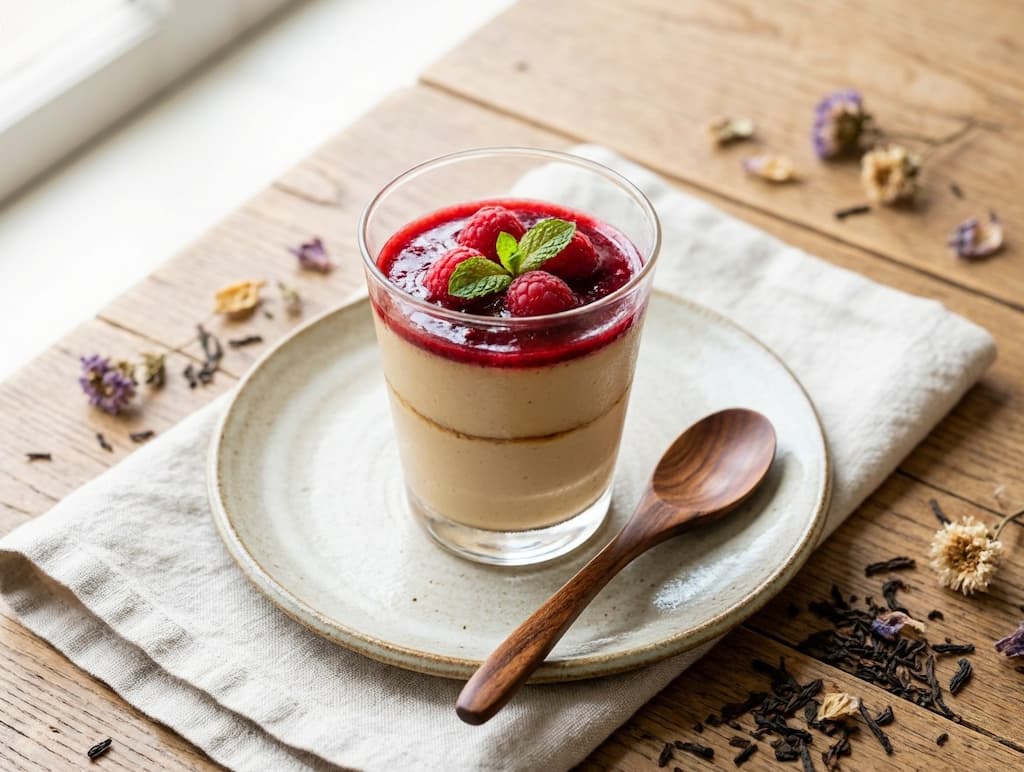 Panna cotta au hojicha avec coulis de fruits rouges et framboises fraîches, dessert japonais chic