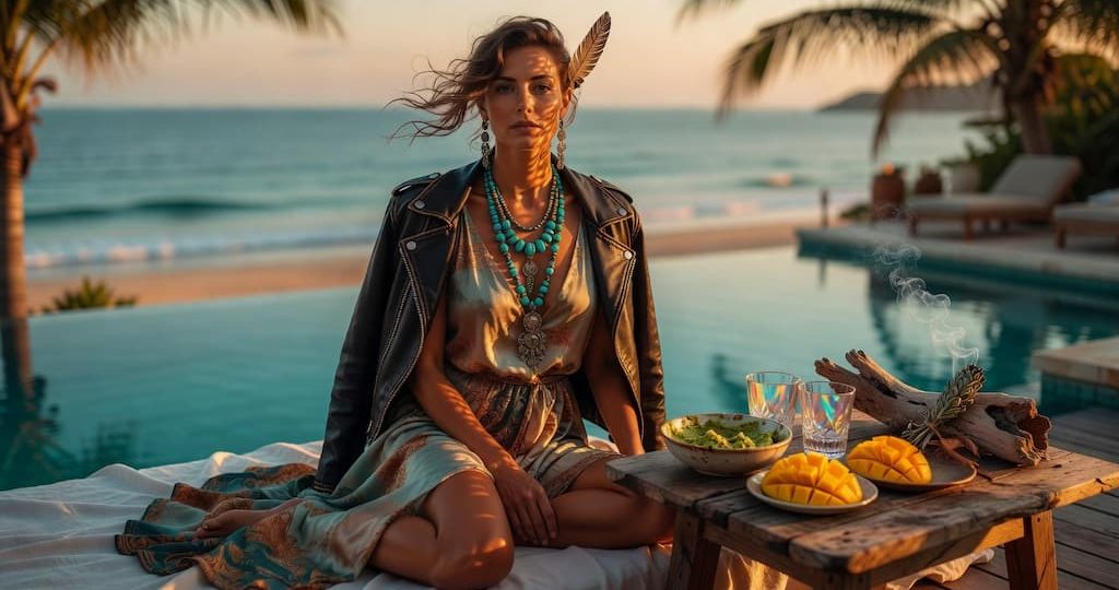 Femme en robe de soie et Perfecto noir avec bijoux turquoise, assise au bord d'une piscine face à la mer au coucher du soleil, nourriture saine.