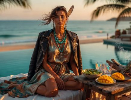 Femme en robe de soie et Perfecto noir avec bijoux turquoise, assise au bord d'une piscine face à la mer au coucher du soleil, nourriture saine.