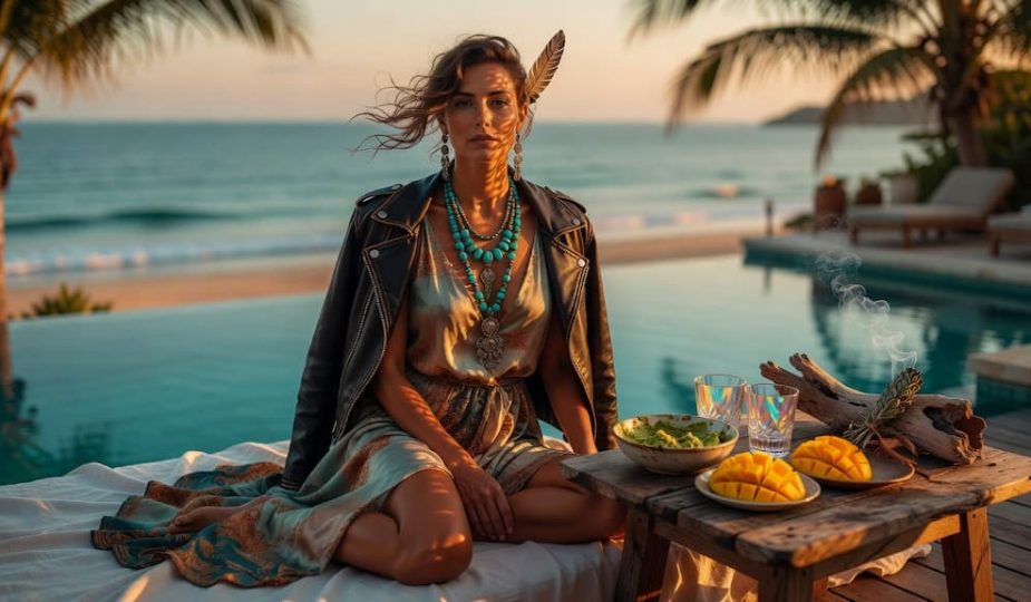 Femme en robe de soie et Perfecto noir avec bijoux turquoise, assise au bord d'une piscine face à la mer au coucher du soleil, nourriture saine.