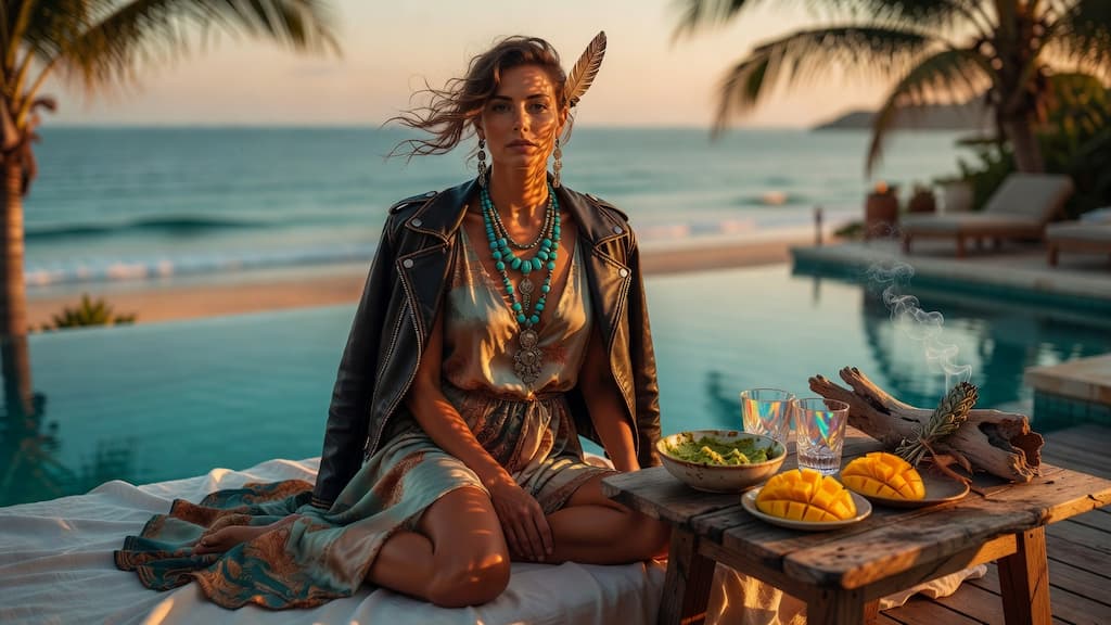Femme en robe de soie et Perfecto noir avec bijoux turquoise, assise au bord d'une piscine face à la mer au coucher du soleil, nourriture saine.