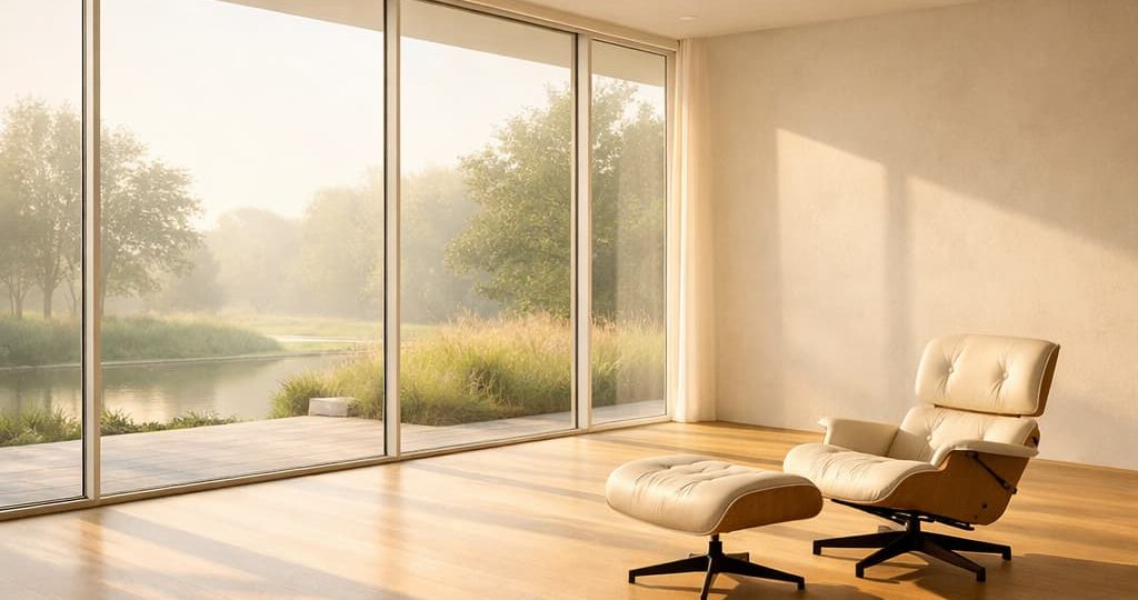 Salon minimaliste baigné de lumière, illustrant le luxe de l'espace et du vide dans un intérieur moderne.