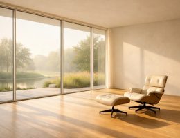 Salon minimaliste baigné de lumière, illustrant le luxe de l'espace et du vide dans un intérieur moderne.