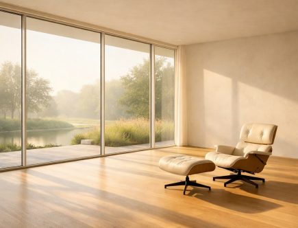 Salon minimaliste baigné de lumière, illustrant le luxe de l'espace et du vide dans un intérieur moderne.