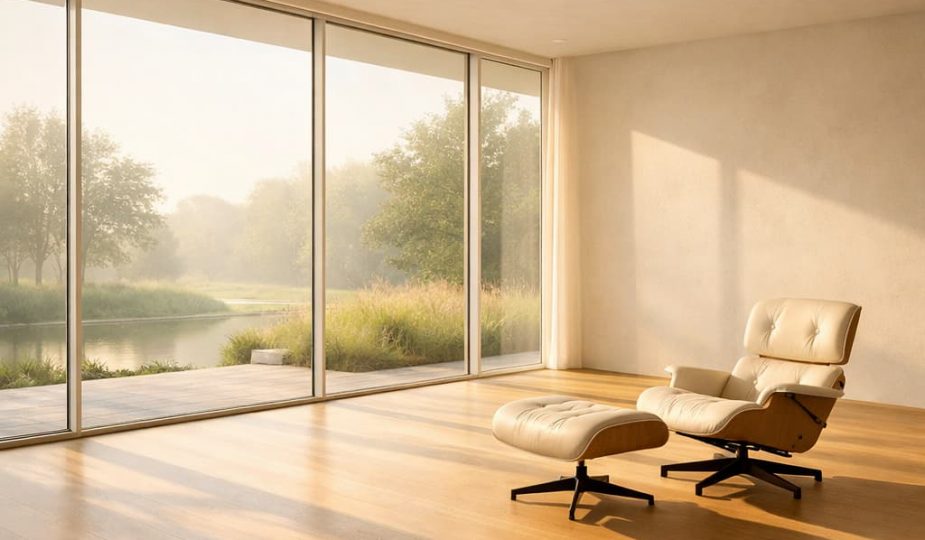 Salon minimaliste baigné de lumière, illustrant le luxe de l'espace et du vide dans un intérieur moderne.