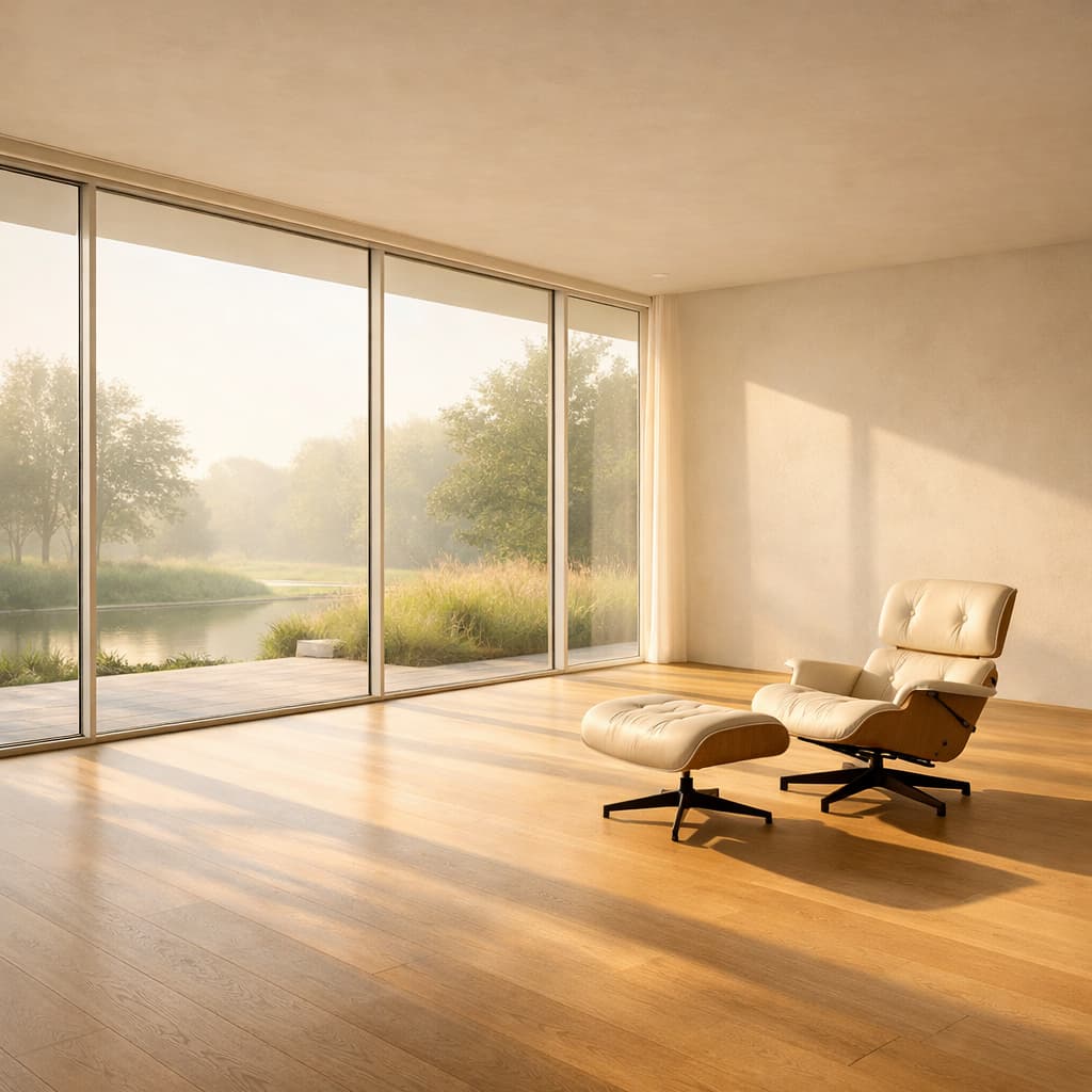 Salon minimaliste baigné de lumière, illustrant le luxe de l'espace et du vide dans un intérieur moderne.