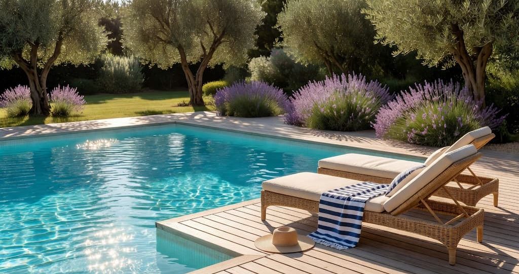 Piscine semi-enterrée avec une eau bleu turquoise cristalline dans un jardin méditerranéen ensoleillé.