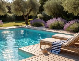 Piscine semi-enterrée avec une eau bleu turquoise cristalline dans un jardin méditerranéen ensoleillé.