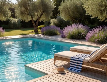 Piscine semi-enterrée avec une eau bleu turquoise cristalline dans un jardin méditerranéen ensoleillé.