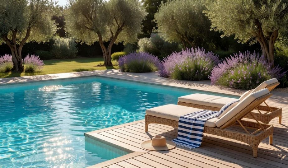 Piscine semi-enterrée avec une eau bleu turquoise cristalline dans un jardin méditerranéen ensoleillé.