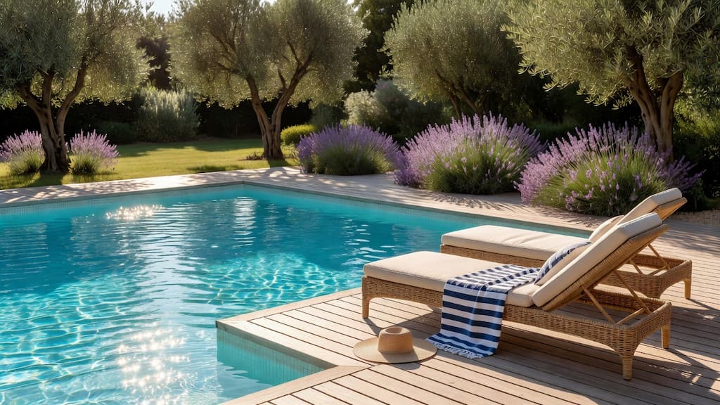 Piscine semi-enterrée avec une eau bleu turquoise cristalline dans un jardin méditerranéen ensoleillé.