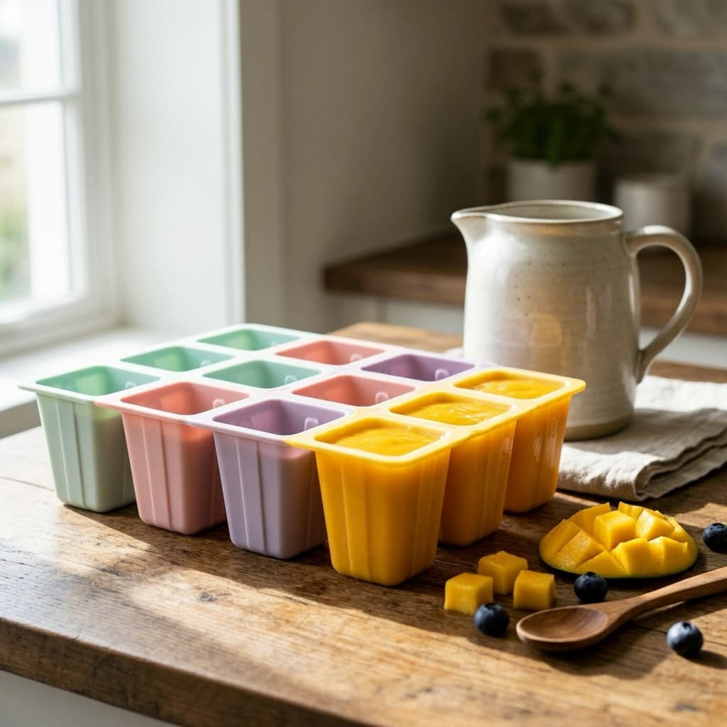 Mise en place pour glaces maison avec moules en silicone et pichet de purée de fruits sur un plan de travail en bois