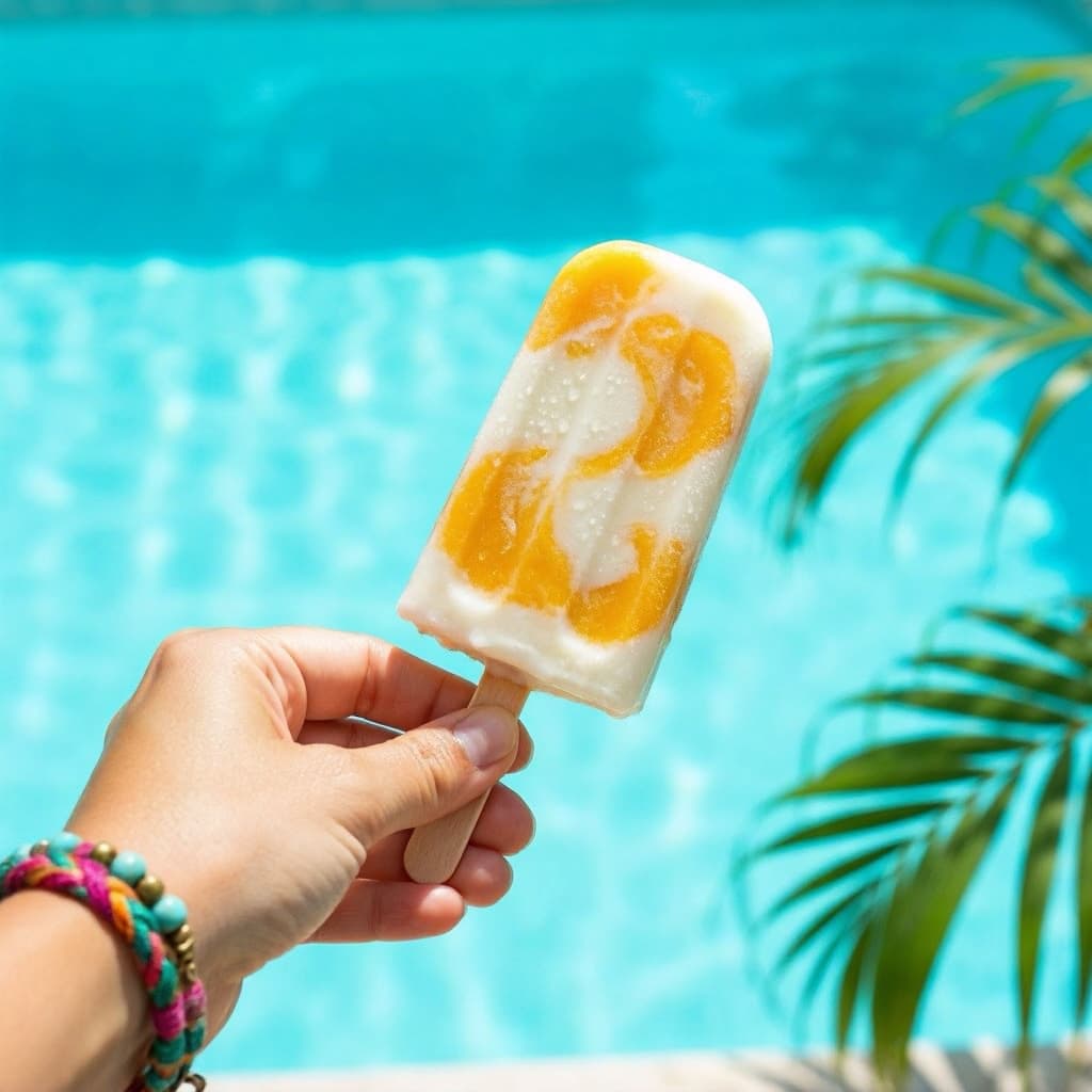 Glace maison mangue et coco dégustée au bord d'une piscine en vacances
