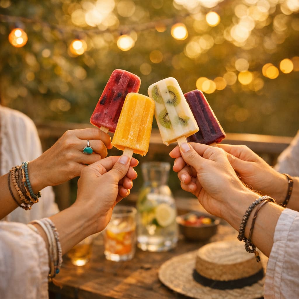 Moment de convivialité en été autour de glaces à l'eau maison entre amis