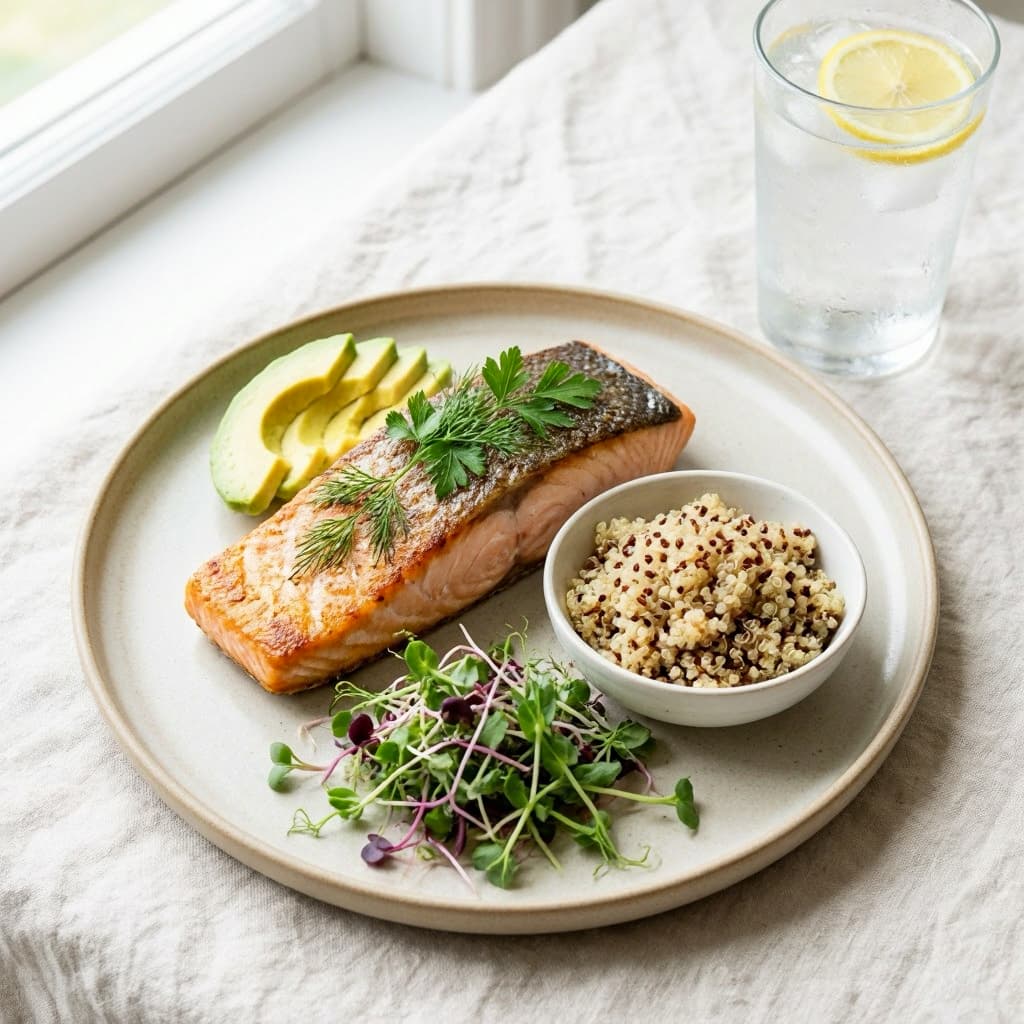 Assiette nutritionnelle riche en protéines et oméga-3 pour la récupération sportive après 40 ans