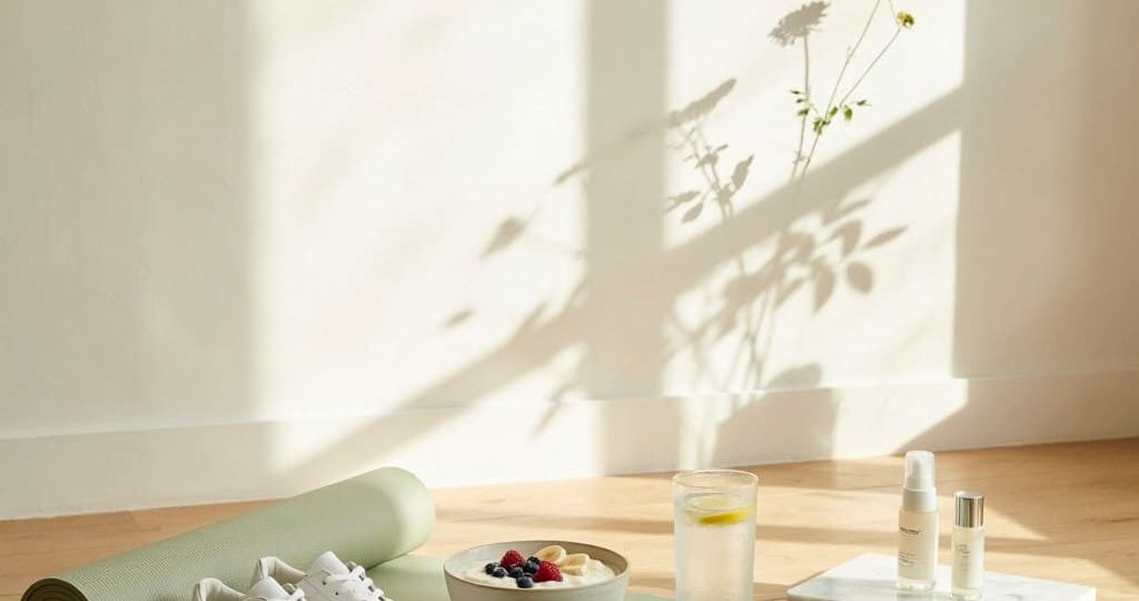 Espace bien-être lumineux avec tapis de sport, encas protéiné et soins beauté pour favoriser la récupération après 40 ans