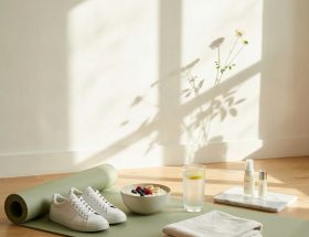 Espace bien-être lumineux avec tapis de sport, encas protéiné et soins beauté pour favoriser la récupération après 40 ans