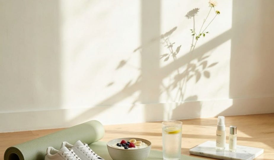 Espace bien-être lumineux avec tapis de sport, encas protéiné et soins beauté pour favoriser la récupération après 40 ans