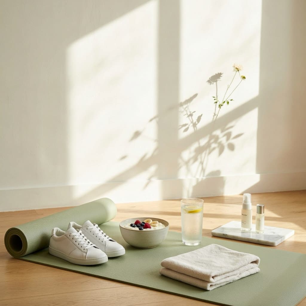 Espace bien-être lumineux avec tapis de sport, encas protéiné et soins beauté pour favoriser la récupération après 40 ans