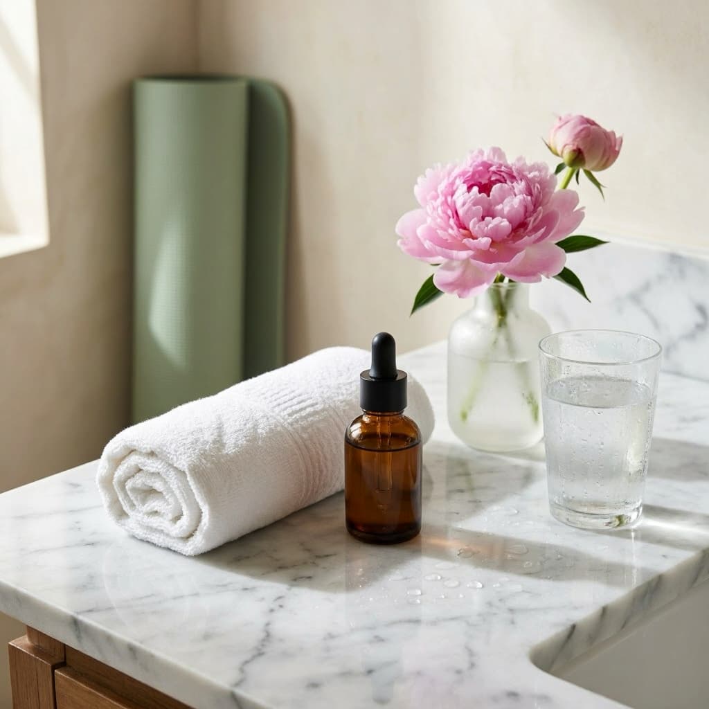 Produits de soin et sérum hydratant sur un plan de travail en marbre pour la routine beauté post-sport.