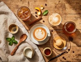Vue du dessus d'une table en bois avec six boissons café différentes : expresso, café glacé, latte art, frappé, affogato et cold brew, entourés de grains de café, épices et ustensiles, ambiance boho estivale