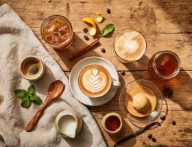 Vue du dessus d'une table en bois avec six boissons café différentes : expresso, café glacé, latte art, frappé, affogato et cold brew, entourés de grains de café, épices et ustensiles, ambiance boho estivale