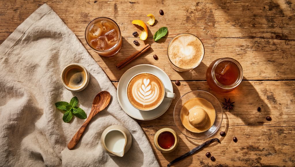 Vue du dessus d'une table en bois avec six boissons café différentes : expresso, café glacé, latte art, frappé, affogato et cold brew, entourés de grains de café, épices et ustensiles, ambiance boho estivale
